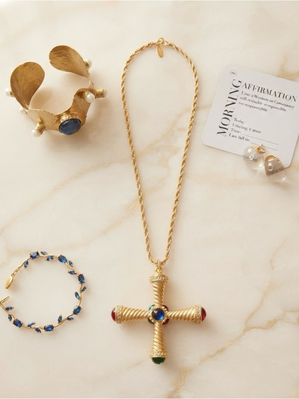 Vintage-Style Gold Multi-Color Gem Cross Pendant Necklace | Statement Jewelry